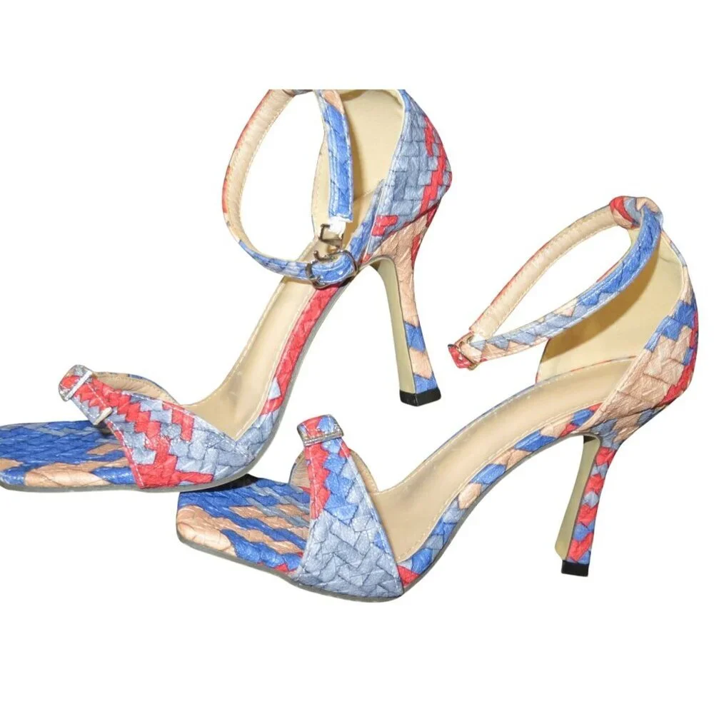JUSTFAB Braided Vegan Leather Ankle Strap Stiletto Heeled Sandals size 38 US 8